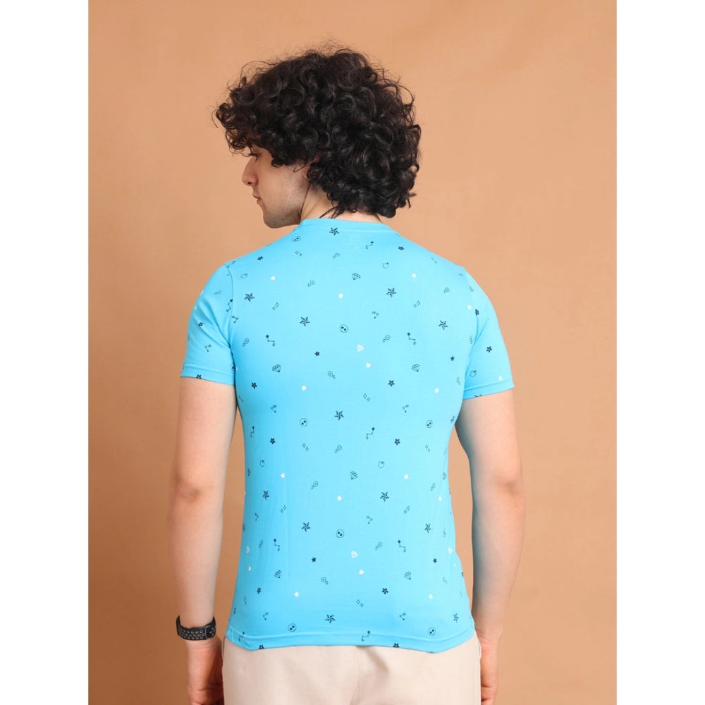 Indoraa Men's Casual Cotton Printed Round Neck Half Sleeve T-Shirt (Skyblue)