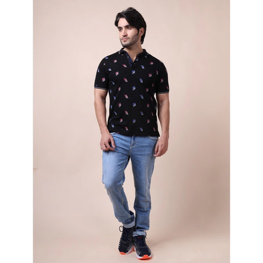 Indoraa Men's Casual Cotton Printed Polo Neck Half Sleeve T-Shirt (Black)