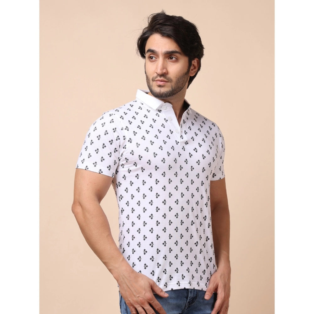 Indoraa Men's Casual Cotton Printed Polo Neck Half Sleeve T-Shirt (White)