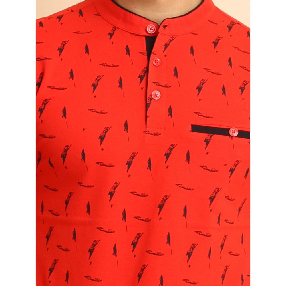 Indoraa Men's Casual Cotton Printed Mandarin Collar Half Sleeve T-Shirt (Red)