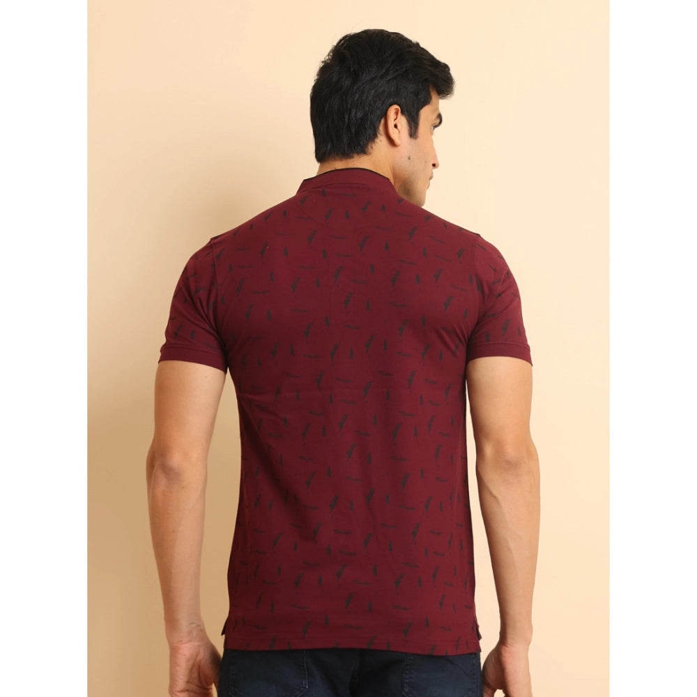 Indoraa Men's Casual Cotton Printed Mandarin Collar Half Sleeve T-Shirt (Plum)