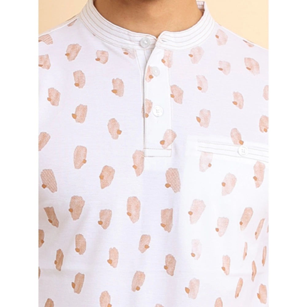 Indoraa Men's Casual Cotton Printed Mandarin Collar Half Sleeve T-Shirt (White)