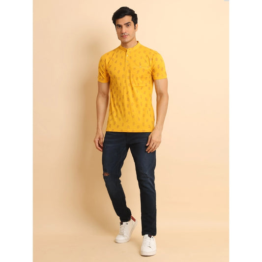 Indoraa Men's Casual Cotton Printed Mandarin Collar Half Sleeve T-Shirt (Mustard)