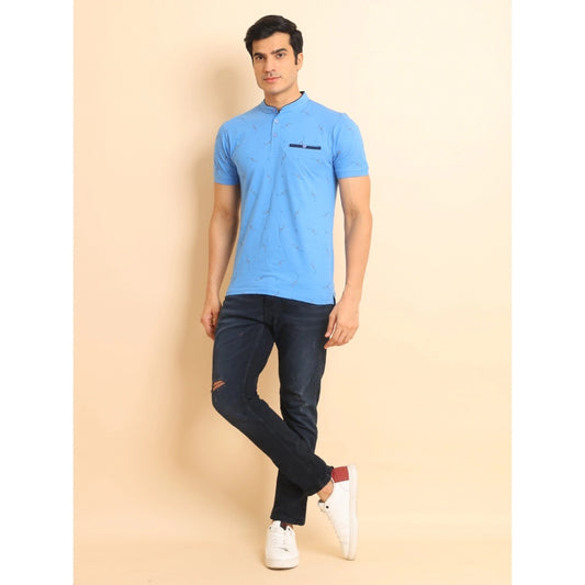 Indoraa Men's Casual Cotton Printed Mandarin Collar Half Sleeve T-Shirt (LightBlue)