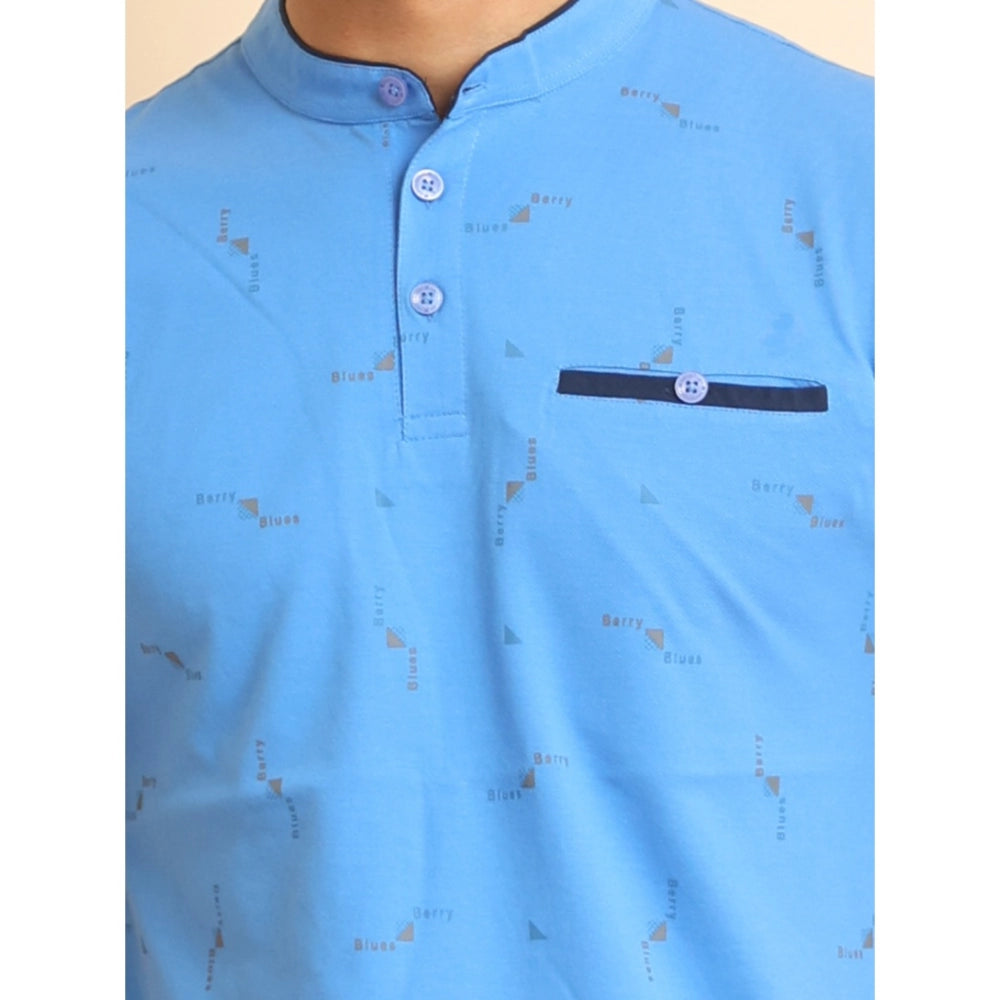 Indoraa Men's Casual Cotton Printed Mandarin Collar Half Sleeve T-Shirt (LightBlue)