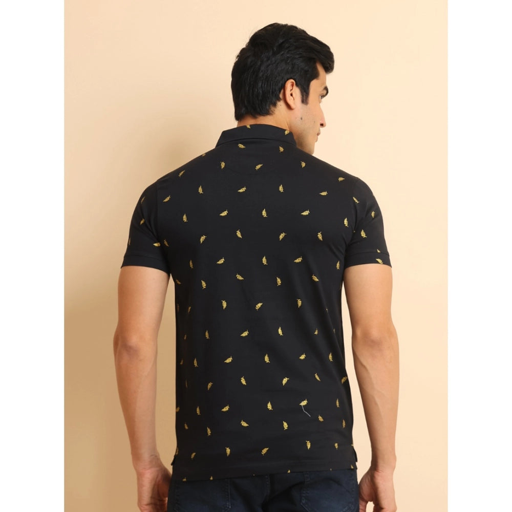 Indoraa Men's Casual Cotton Printed Polo Neck Half Sleeve T-Shirt (Black)