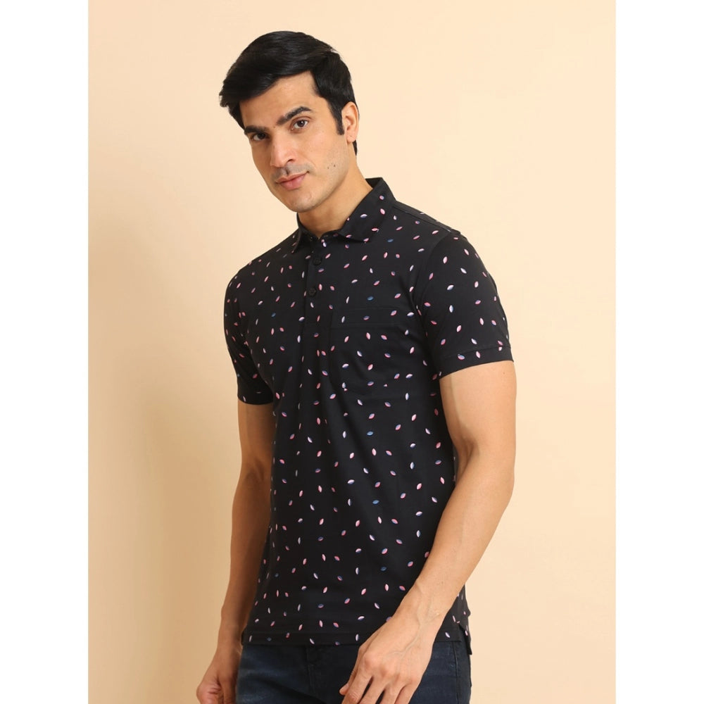 Indoraa Men's Casual Cotton Printed Polo Neck Half Sleeve T-Shirt (Black)