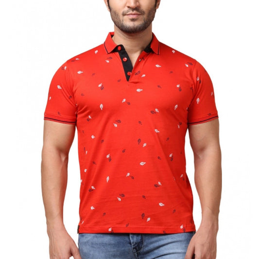 Indoraa Men's Casual Cotton Printed Polo Neck Half Sleeve T-Shirt (Red)