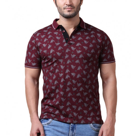 Indoraa Men's Casual Cotton Printed Polo Neck Half Sleeve T-Shirt (Plum)