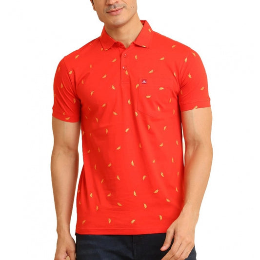 Indoraa Men's Casual Cotton Printed Polo Neck Half Sleeve T-Shirt (Red)