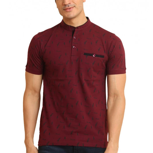Indoraa Men's Casual Cotton Printed Mandarin Collar Half Sleeve T-Shirt (Plum)