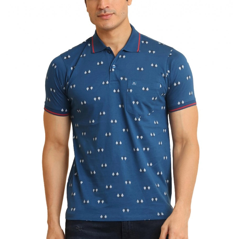 Indoraa Men's Casual Cotton Printed Polo Neck Half Sleeve T-Shirt (Blue)