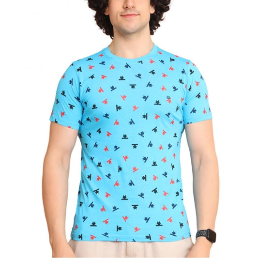 Indoraa Men's Casual Cotton Printed Round Neck Half Sleeve T-Shirt (Skyblue)