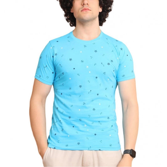 Indoraa Men's Casual Cotton Printed Round Neck Half Sleeve T-Shirt (Skyblue)