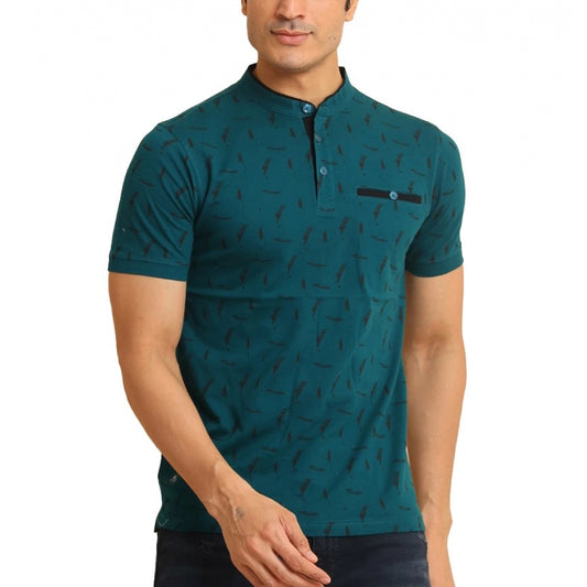 Indoraa Men's Casual Cotton Printed Mandarin Collar Half Sleeve T-Shirt (Green)