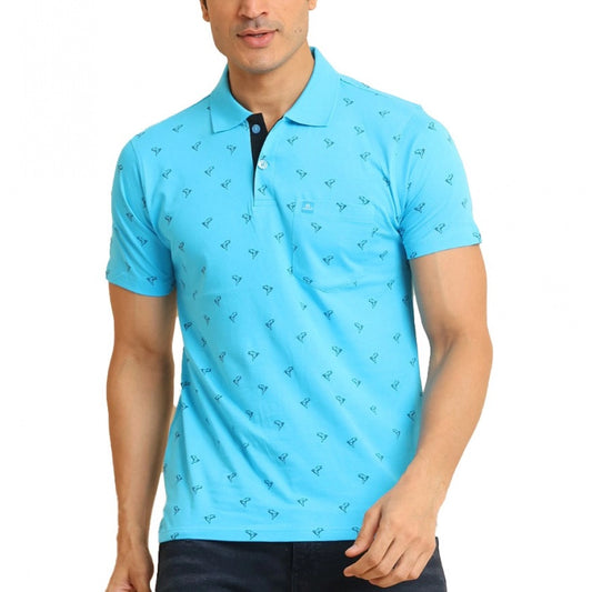 Indoraa Men's Casual Cotton Printed Polo Neck Half Sleeve T-Shirt (Skyblue)