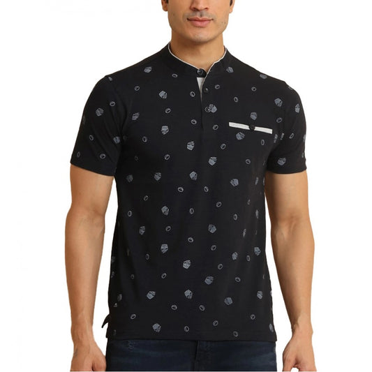 Indoraa Men's Casual Cotton Printed Mandarin Collar Half Sleeve T-Shirt (Black)