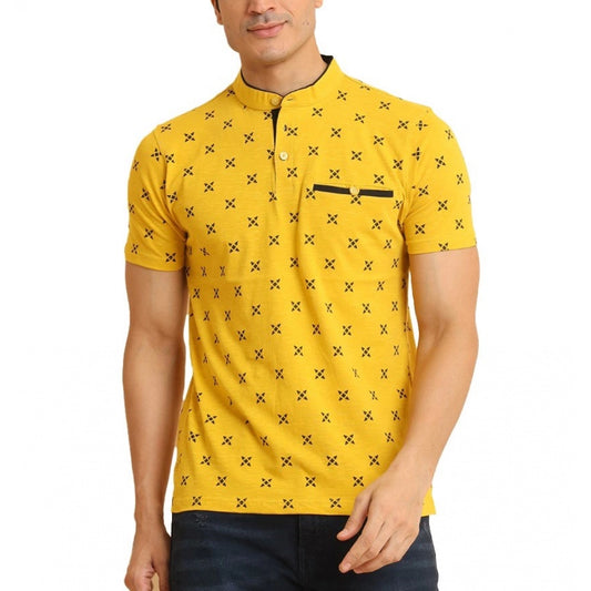 Indoraa Men's Casual Cotton Printed Mandarin Collar Half Sleeve T-Shirt (Mustard)