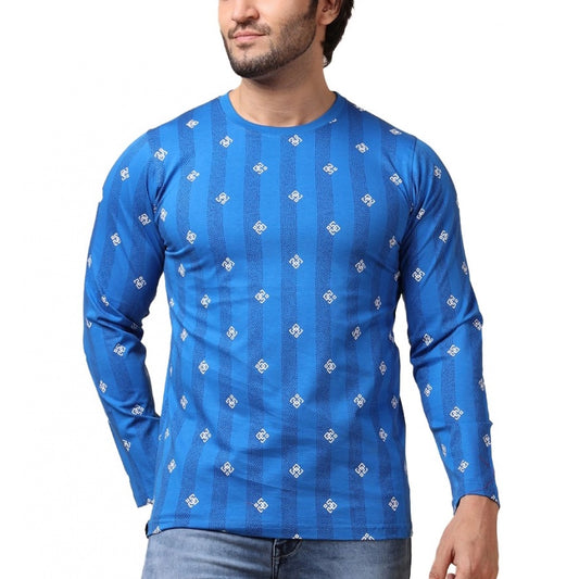 Indoraa Men's Casual Cotton Printed Round Neck Full Sleeve T-Shirt (Blue)