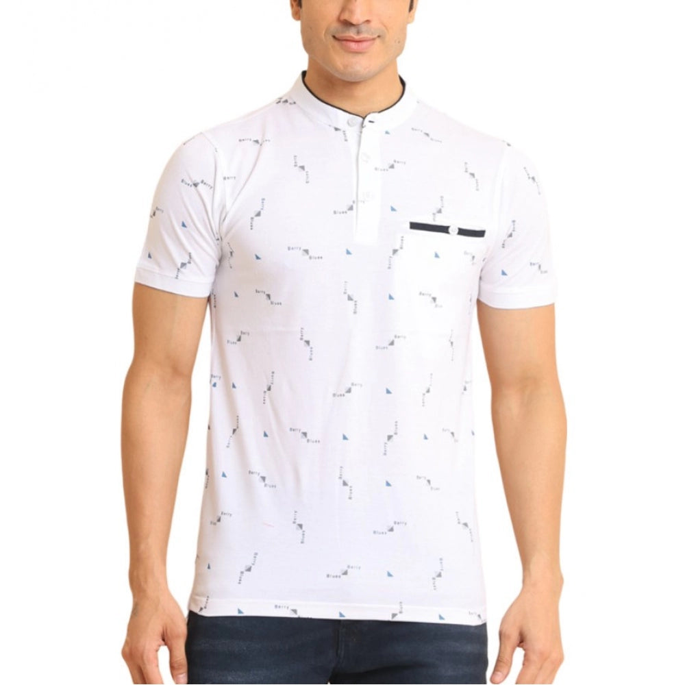 Indoraa Men's Casual Cotton Printed Mandarin Collar Half Sleeve T-Shirt (White)