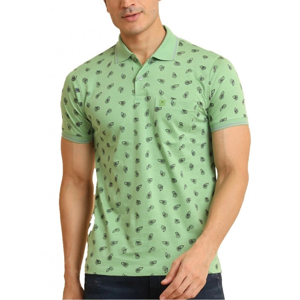Indoraa Men's Casual Cotton Printed Polo Neck Half Sleeve T-Shirt (Light Green)