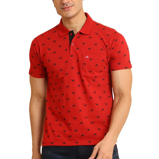 Indoraa Men's Casual Cotton Printed Polo Neck Half Sleeve T-Shirt (Red)