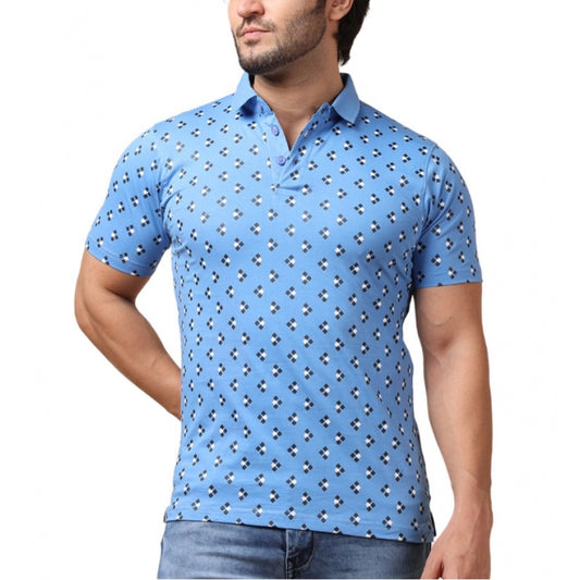 Indoraa Men's Casual Cotton Printed Polo Neck Half Sleeve T-Shirt (Blue)