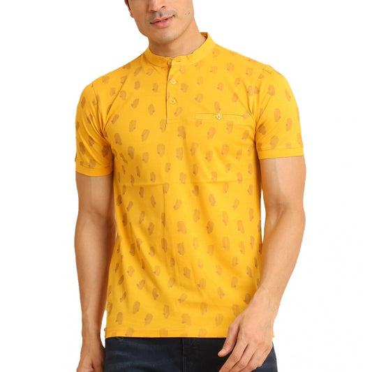 Indoraa Men's Casual Cotton Printed Mandarin Collar Half Sleeve T-Shirt (Mustard)