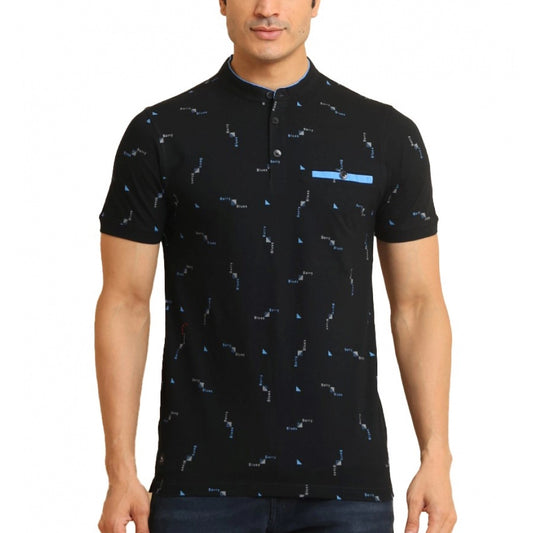 Indoraa Men's Casual Cotton Printed Mandarin Collar Half Sleeve T-Shirt (Navy)