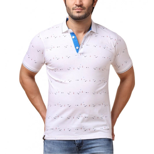 Indoraa Men's Casual Cotton Printed Polo Neck Half Sleeve T-Shirt (White)