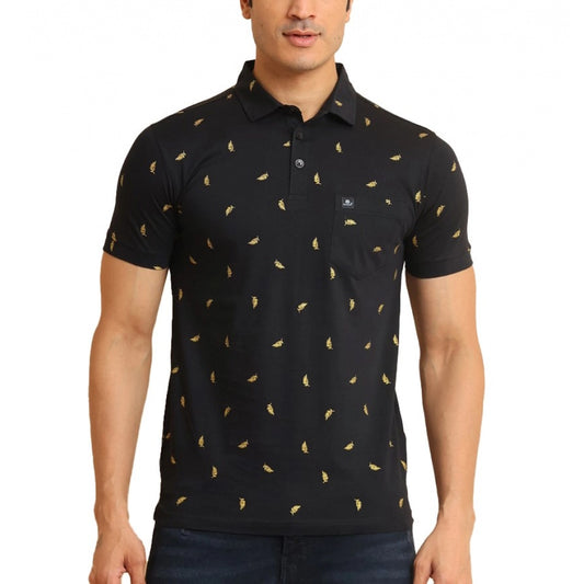 Indoraa Men's Casual Cotton Printed Polo Neck Half Sleeve T-Shirt (Black)