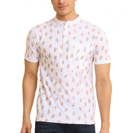 Indoraa Men's Casual Cotton Printed Mandarin Collar Half Sleeve T-Shirt (White)