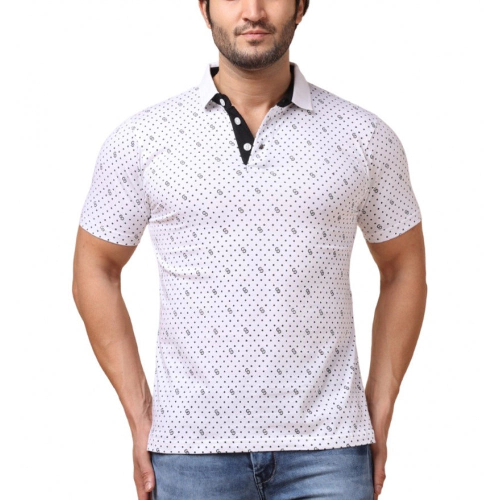 Indoraa Men's Casual Cotton Printed Polo Neck Half Sleeve T-Shirt (White)
