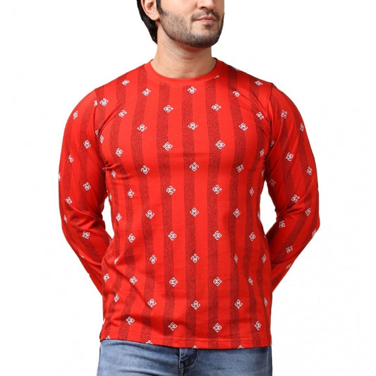 Indoraa Men's Casual Cotton Printed Round Neck Full Sleeve T-Shirt (Red)