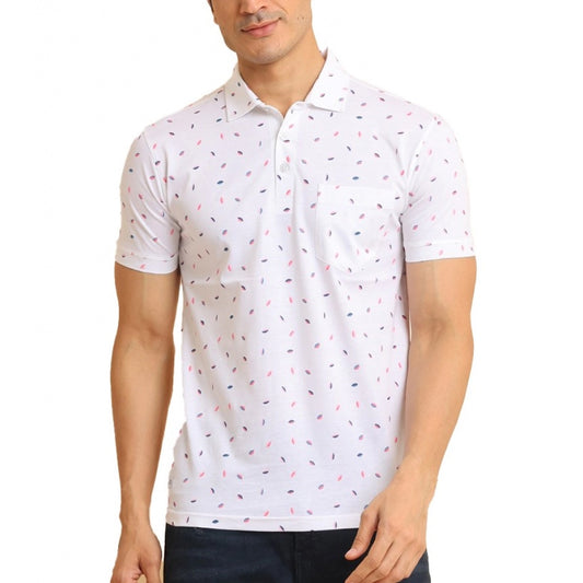 Indoraa Men's Casual Cotton Printed Polo Neck Half Sleeve T-Shirt (White)