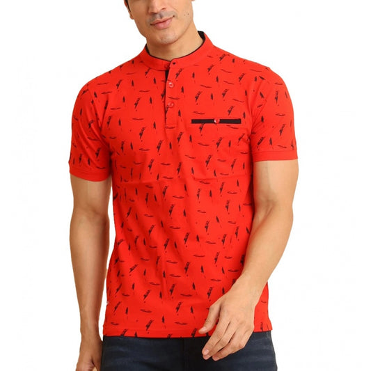 Indoraa Men's Casual Cotton Printed Mandarin Collar Half Sleeve T-Shirt (Red)