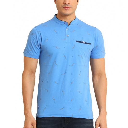 Indoraa Men's Casual Cotton Printed Mandarin Collar Half Sleeve T-Shirt (LightBlue)