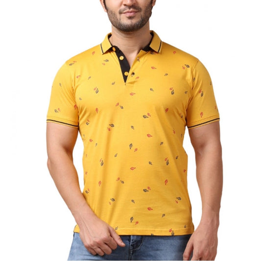 Indoraa Men's Casual Cotton Printed Polo Neck Half Sleeve T-Shirt (Mustard)