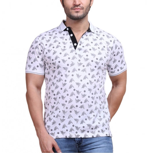 Indoraa Men's Casual Cotton Printed Polo Neck Half Sleeve T-Shirt (White)