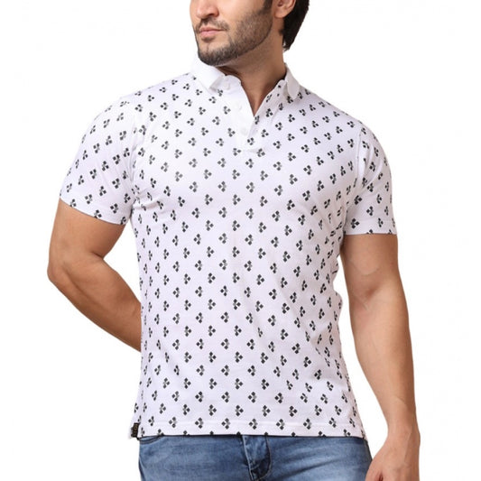 Indoraa Men's Casual Cotton Printed Polo Neck Half Sleeve T-Shirt (White)