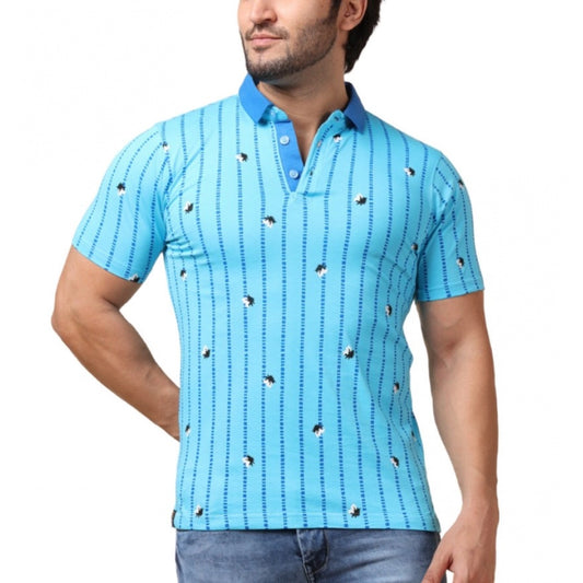 Indoraa Men's Casual Cotton Printed Polo Neck Half Sleeve T-Shirt (Skyblue)