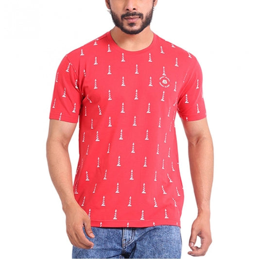 Indoraa Men's Casual Cotton Printed Round Neck Half Sleeve T-Shirt (Red)