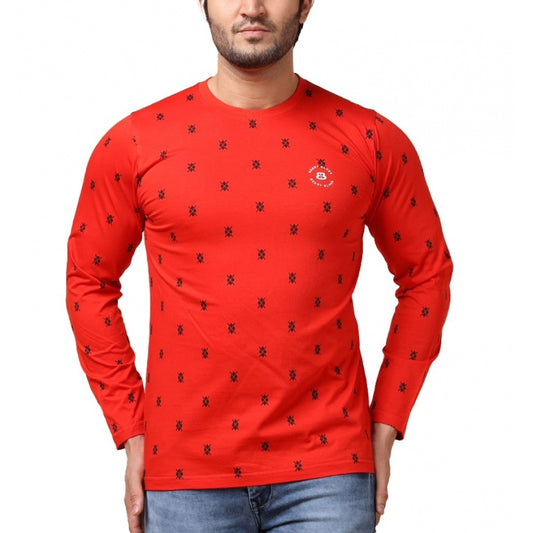 Indoraa Men's Casual Cotton Printed Round Neck Full Sleeve T-Shirt (Red)