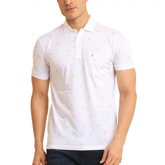 Indoraa Men's Casual Cotton Printed Polo Neck Half Sleeve T-Shirt (White)
