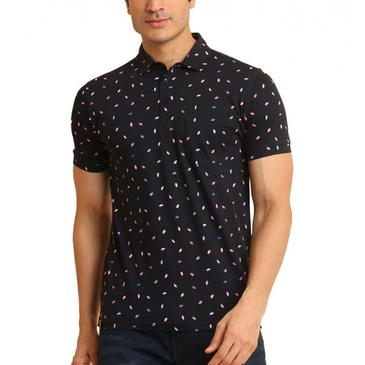 Indoraa Men's Casual Cotton Printed Polo Neck Half Sleeve T-Shirt (Black)