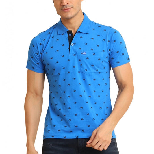 Indoraa Men's Casual Cotton Printed Polo Neck Half Sleeve T-Shirt (Blue)