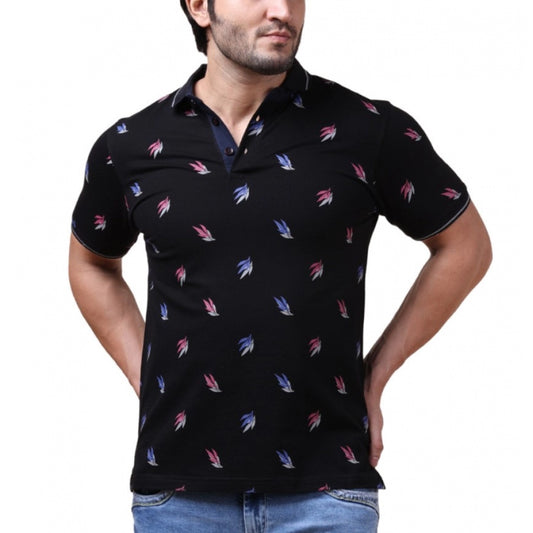 Indoraa Men's Casual Cotton Printed Polo Neck Half Sleeve T-Shirt (Black)
