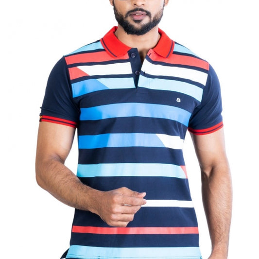 Indoraa Men's Casual Cotton Printed Polo Neck Half Sleeve T-Shirt (Navy)