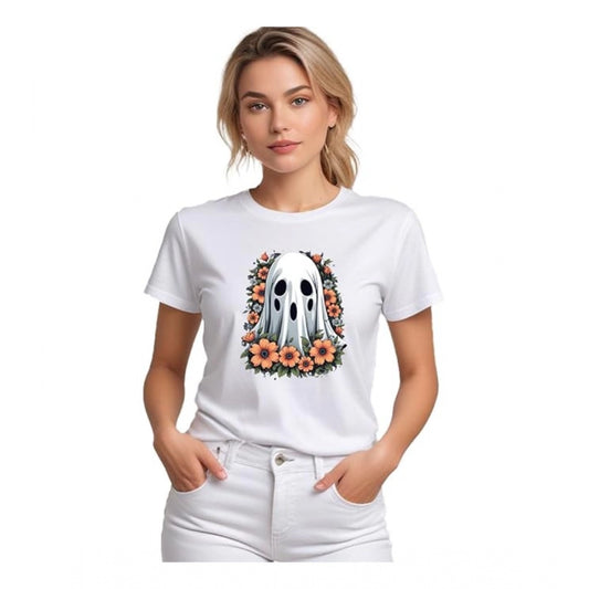 Indoraa Women's Polyester Solid Printed Round Neck Half Sleeve T-shirt (White)