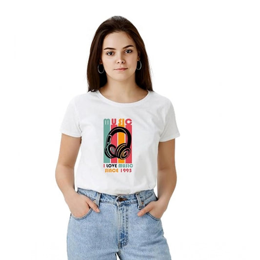 Indoraa Women's Polyester Solid Printed Round Neck Half Sleeve T-shirt (White)